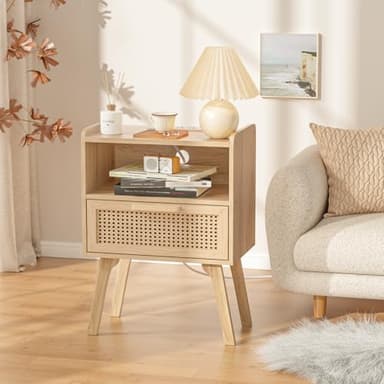 Lerliuo Rattan Nightstands Set of 2 with Charging Station, Boho Night Stand with Handmade Natural Rattan Drawer and Open Shelf, Side End Tables with Solid Wood Legs for Bedroom, Dorm, Small Spaces - Image 9
