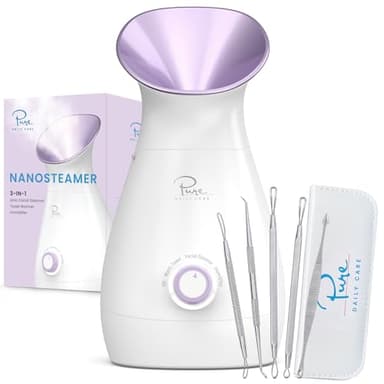 NanoSteamer Large 3-in-1 Nano Ionic Facial Steamer with Precise Temp Control - Humidifier - Unclogs Pores - Blackheads - Spa Quality - Bonus 5 Piece Stainless Steel Skin Kit (Lilac) - Image 1