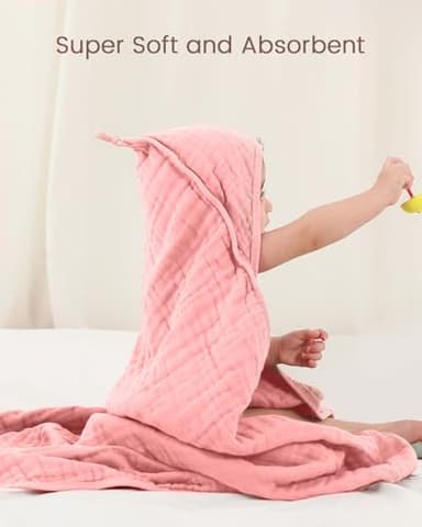 FAVERDIIY 35x35 Inch 2 Pack 100% Muslin Cotton Baby Bath Towel, Hooded Baby Towels for Newborn, Soft Baby Beach Towels with Hood for Infants, Toddlers and Kids, Essentials Must Haves Dusty Pink+ White - Image 2