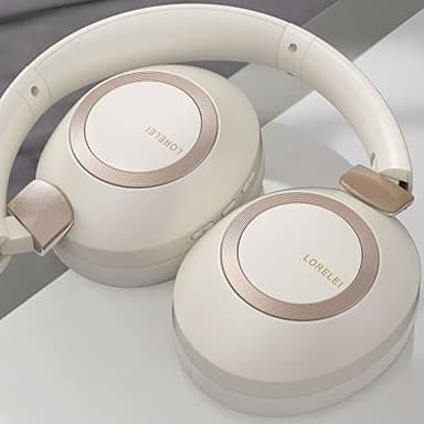 LORELEI B-C6 Wireless Over Ear Headphones, 50H Playtime Foldable Lightweight Bluetooth Headsets, Deep Bass, Built-in Microphone, Memory Foam Earmuff, for Travel, Home Office (Beige White) - Image 6