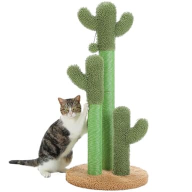 PAWZ Road Cat Scratching Post Cactus Cat Scratcher Featuring with 3 Scratching Poles and Interactive Dangling Ball - 35 Inches - Image 1