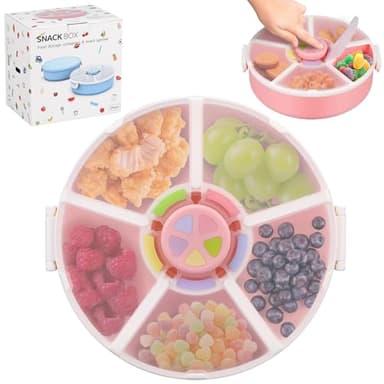 Aimsnk Kids Original Snack Spinner Bundle - Reusable Snack Container with 5 Compartment Dispenser and Lid | BPA and PVC Free | Dishwasher Safe | No Spill, Leakproof,for Toddlers (Pink) - Image 1