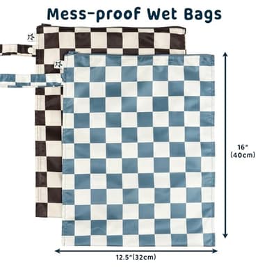 Tiny Twinkle Mess-Proof Waterproof Wet Dry Bag | 2-Pack Reusable Wet Bags for Swimsuits & Baby Clothes | Leakproof Wet Bag for Travel & Diaper Changes for Baby (Blue, Black Checkers) - Image 2