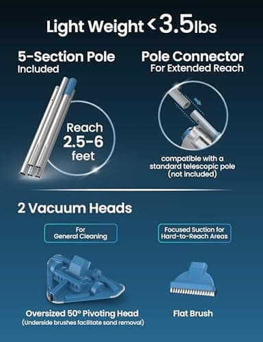 KOKIDO 2025 Cordless Pool Vacuum with 72” Pole, Standard & Fine Interchangeable Filters, 16GPM Optimized Suction, 2 Vac Heads, Spot Clean, for Small Above & Inground Pools, Spas Hot Tubs XV320 - Image 6