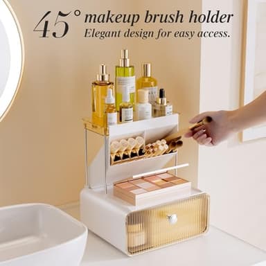 Makeup Organizer Countertop with Big Drawers, Bathroom Counter Organizer with 45° Makeup Brush Holder, Easy Assembly for Skincare & Perfume, Vanity, Dresser, or Sink, Ideal Gift for Women (Amber) - Image 2