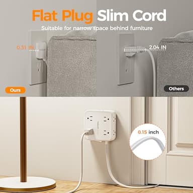 TESSAN 10 Ft Flat Plug Extension Cord with Multiple Outlets, Surge Protector Power Strip with 3 USB(1 USB C) 8 Outlets, 900J Protection, Desk Charging Station for Home, Dorm Room Essentials, White - Image 4