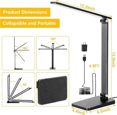 LED Desk Lamp for Home Office, 3 Levels Dimmable Desk Light with USB Charging Port, Small Study Lamp, Reading Light for Table, Black, 5000K - Image 4