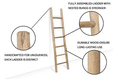 FUIN Fully Assembled 6ft Wood Blanket Ladder Living Room Decorative Wall Leaning Farmhouse Quilt Display Holder Rustic Wooden Towel Rack for Bathroom, Brown - Image 4