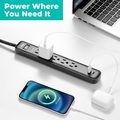 KMC 5-Outlet Surge Protector Power Strip, 1 USB-A & 1 USB-C Port, 840J Surge Protectors, 6ft Braided Extension Cord, Flat Plug, Black Power Strip Surge Protector, ETL/UL Certified Power Strips, Black - Image 4