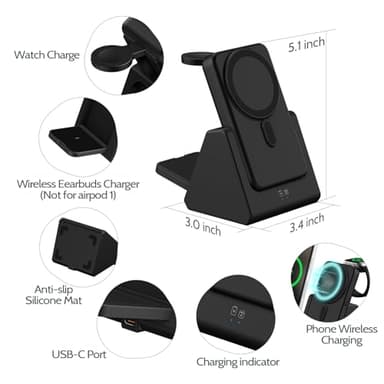 Mag-Safe Charger Wireless Charging Station: 3 in 1 10000mAh Portable Power Bank Compatible for iPhone 16/15/14/13/12 Series and Apple Watch - Magnetic Charging Stand Black - Image 6