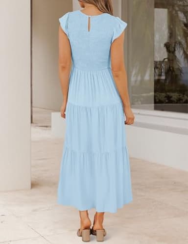 ZESICA Women's 2025 Summer Casual Flutter Short Sleeve Crew Neck Smocked Elastic Waist Tiered Midi Dress,Blue,Large - Image 3