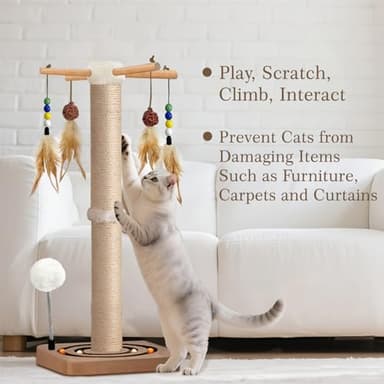 Cat Scratching Post, Sisal, Interactive Furniture Toys for Indoor Cats Adults, 2 Mounting Methods Scratcher Tree Tower with Hanging and Ball Track, Activity Center for Kitten, 25 inches - Image 4