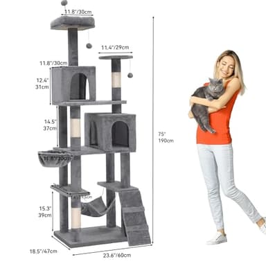 YITAHOME 75in Cat Tree Tower for Indoor Cats, Multi-Level Cat Furniture with Scratching Posts, Cat Caves, Padded Perch, Cozy Hammock, Ladder, and Plush Balls for Kittens, Pet Play House Light Gray - Image 3