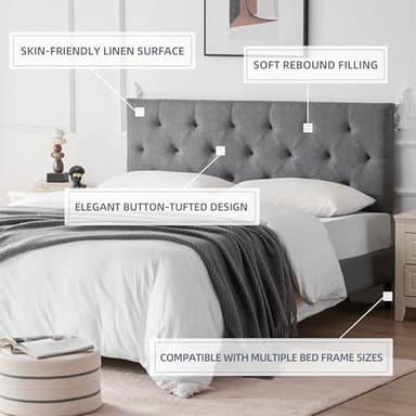 Howjoe Linen Upholstered Headboard Queen Size, Modern Diamond Tufting Solid Wood Queen Headboard Only, Adjustable Height from 37” to 51” Head Board, Bed Frame or Wall Mount Headboards, Light Grey - Image 4