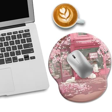 LIMKRIAN Cat Ergonomic Mouse Pad with Wrist Rest, Pink Cherry Blossom Computer Mouse Pad Wrist Support with Non-Slip Pain Relief PU Base, Cute Office Desk Decor Accessories Japanese Dessert House - Image 2