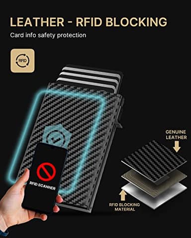 typecase Mens Wallet Card Holder: Pop Up Aluminum Case, Genuine Leather, Smart, RFID Blocking, Slim, Minimalist, Front Pocket - 9-14 Card Capacity | ID Window | Cash Slot (Carbon Fiber) - Image 5