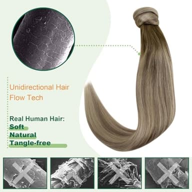 Easyouth Ponytail Extension Human Hair Ombre Ponytail Hair Extensions Balayage Dark Brown to Light Brown with Blonde Pony Tails Hair Extensions for Short Hair 12 Inch 70g - Image 4