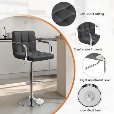 Yaheetech Bar Stools Set of 4, PU Leather Adjustable Barstools with Armrest, Counter Height Stool Chairs with Thickened Seat Cushion for Kitchen Island, Grey - Image 5
