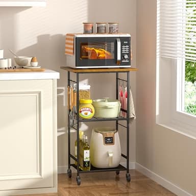 ThreeHio Rolling Kitchen Microwave Cart, 3 Tier Microwave Table Stand with Adjustable Shelf, Kitchen Storage Rack on Wheels, Coffee Station Cart Rack Shelf Organizer for Living Room Office, Balcony - Image 1