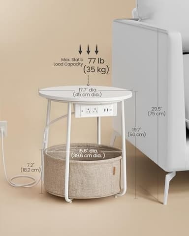 VASAGLE LILEA Collection - Side Table with Charging Station, Round End Table with Fabric Basket, Nightstand with USB Ports, for Living Room, Bedroom, Modern, Matte White and Camel Brown ULET228W01 - Image 2
