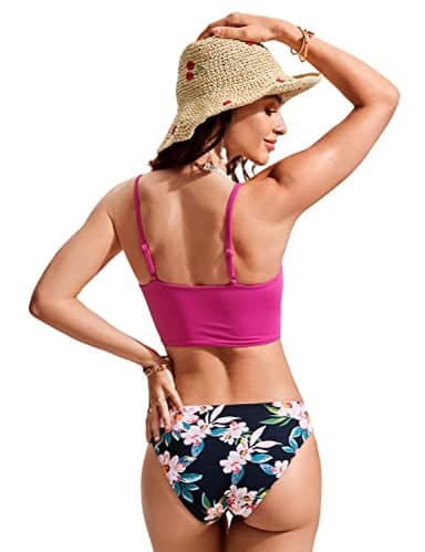 CRZ YOGA Women's Bikini Top Cropped V Neck Adjustable Spaghetti Straps Swimsuit Padded Athletic Bathing Suit Hibiscus Purple Large - Image 2