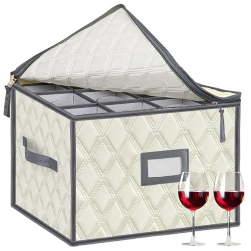 VERONLY Christmas Stemware Storage Cases with Dividers- Holds 12 Wine Glass Storage or Crystal Glassware Containers, China Storage Containers with 2 Handles and Label Window -Set of 1 Beige - Image 1