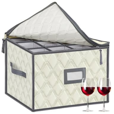 VERONLY Christmas Stemware Storage Cases with Dividers- Holds 12 Wine Glass Storage or Crystal Glassware Containers, China Storage Containers with 2 Handles and Label Window -Set of 1 Beige - Image 1