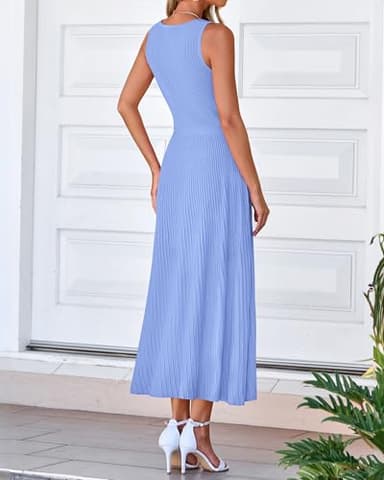 BTFBM Women Midi Bodycon Tank Dress Summer Crewneck Sleeveless Pleated A Line Business Casual Knit Sweater Fall Dresses(Sky Blue, Small) - Image 3