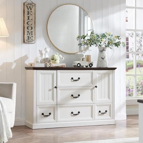 IFGET Farmhouse 5 Drawers Dresser for Bedroom, Wood Rustic Storage Organizer Closet Chest, Chest of Drawers w/Groove Barn Door&Shelf for Closet, Living Room, Dining Room, Hallway-White - Image 1