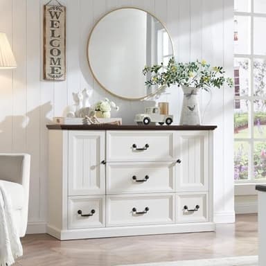 IFGET Farmhouse 5 Drawers Dresser for Bedroom, Wood Rustic Storage Organizer Closet Chest, Chest of Drawers w/Groove Barn Door&Shelf for Closet, Living Room, Dining Room, Hallway-White - Image 1