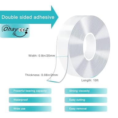 Ohayooz® Extra Strong Double Sided Tape Heavy Duty Removable 10FT, Clear Sticky Adhesive Nano Tape Tough Washable Waterproof Mounting Tape for Hanging Picture, Poster, Carpet, Photo Deco - Image 3