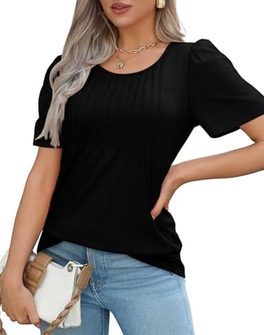 T Shirts for Women Loose Fit Pleating Short Sleeve Casual Summer Tops Black Beach Vacation Clothes for Women XL - Image 3