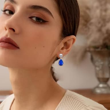 YAMI Pearl Earrings for Women, 925 Sterling Silver Birthstone Teardrop Stud Dangle Earrings, Created Sapphire Pear Shaped Zircon Gem Drop Earrings, 8-8.5MM Freshwater Cultured Pearl Jewelry - Image 3