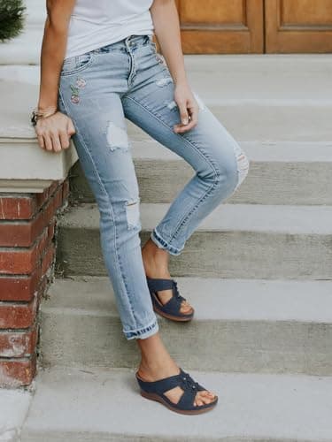 TEMOFON Womens Wedge Sandals Leather: Low Heels Platform Women Summer Wedge Sandals Navy Dressy Slip on Casual Comfortable Walking Size 10 - Image 2