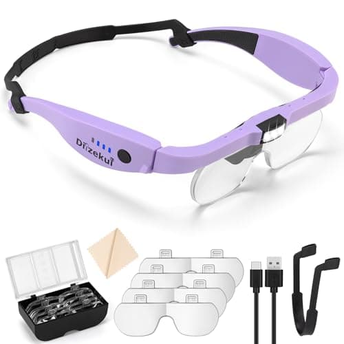 Dilzekui Magnifying Glass with Light 1.5X to 5.0X, Rechargeable Magnifying Glasses Head Magnifier, Lighted Magnify Glass with 4 Detachable Lenses, Magnifier Headset for Close Work Hobbies Jewelry - Image 1