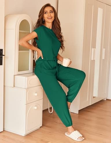 Ekouaer Pajamas for Women 2 Piece Lounge Sets Cap Sleeve Loungewear Top with Joggers Pants S-XXL Dark Green - Image 2