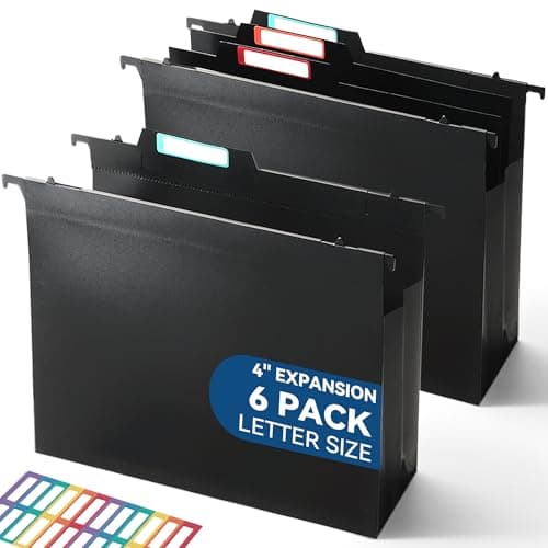 SortRax Plastic High Capacity Hanging File Folders, 4" Expanding Pocket with Movable Dividers, Heavy Duty for Filing Cabinet, Insertable Tabs, Letter Size - 6 Pack - Image 1