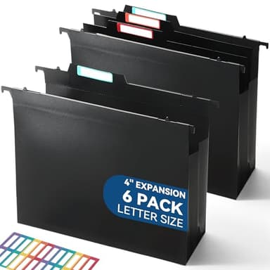 SortRax Plastic High Capacity Hanging File Folders, 4" Expanding Pocket with Movable Dividers, Heavy Duty for Filing Cabinet, Insertable Tabs, Letter Size - 6 Pack - Image 1