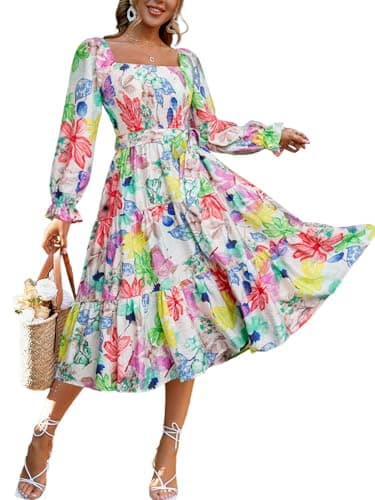 Amegoya Womens Spring Floral Long Sleeve Maxi Dress Square Neck Smocked Tiered Flowy Dress(A-Floral 3) - Image 1