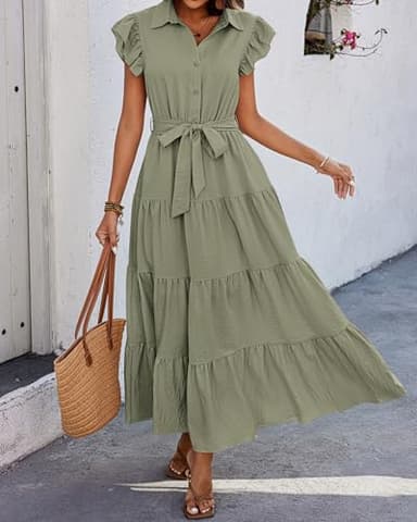dowerme Women's Summer Casual Dresses 2025 Cap Ruffle Sleeve V Neck Button Belted Tiered Boho Maxi Dress with Pockets(Grey Green,Medium) - Image 7