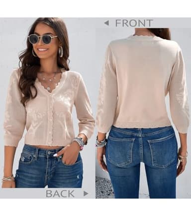 Kate Kasin Women's 3/4 Sleeve Cardigans Sweater Soft Lightweight V Neck Button Down Crochet Knit Textured Shrugs for Dress Beige Small - Image 4