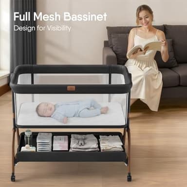 Baby Bassinet Bedside Crib, 3-in-1 Baby Bassinet Bedside Sleeper with Mattress and Soft, Breathable Sheet, Full-Mesh Sides, 6-Height Adjustable, Stable and Secure Crib for Newborns - Image 3