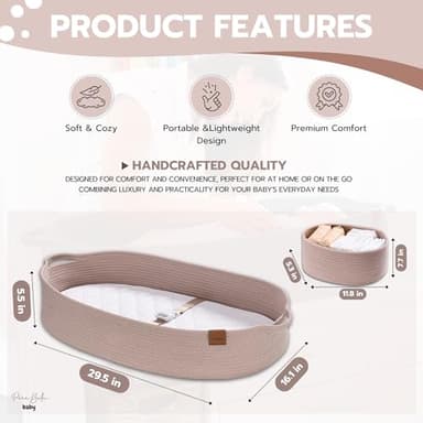 PeraBella XL Baby Changing Basket for Dresser Top, Moses Baskets for Newborn, Portable Baby Diaper Changing Pad Table Topper for Dresser, Moses Bassinet Mat with Waterproof Pad Cover and Diaper Caddy - Image 4