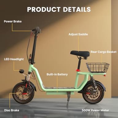 iScooter Electric Scooter with Seat, 21 Miles Long Range & 15.6 Mph Top Speed, 12" Pneumatic Tire, Height Adjustable Seat & Handlebar, Dual Suspensions Commuting Scooter with Basket (Green) - Image 7