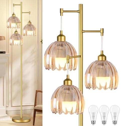 QIYIZM Gold Floor Lamp for Living Room,Bedroom,Tree 3 Light Standing Lamp Mid Century Modern Brass Tall Floor Lamps Vintage Retro Floor Lights Glass Flower Amber Lamp Shade Farmhouse Boho Bohemian - Image 1