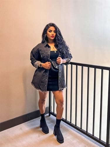 Vetinee Oversized Boyfriend Denim Jean Jacket for Women - Black, Front Button, Raw Hem, Long Sleeve, Pockets - Size 16, 18 - Image 5