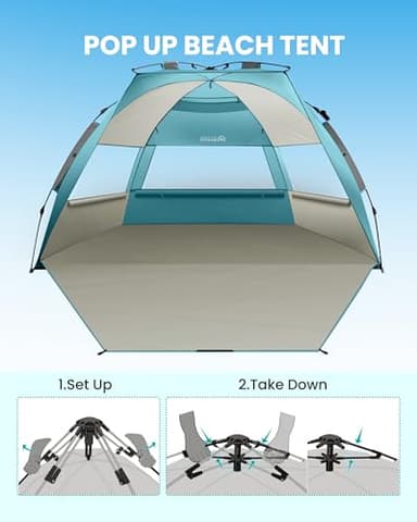 OutdoorMaster Beach Tent Sun Shelter for 3-4 Person, Pop Up Beach Tent Easy Setup with Sandbags, Portable Sun Shade Canopy with Carrying Bag for Beach & Outdoor, UPF50+ UV Protection - Cancun Seashore - Image 3