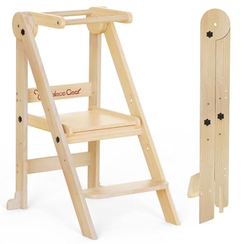 Foldable Toddler Kitchen Stool Helper, Toddler Tower with 3 Adjustable Height, Wooden Toddler Step Stool, Collapsible Toddler Tower, Toddler Stool for Kitchen and Bathroom (Nature) - Image 1