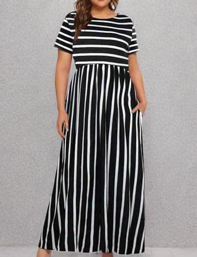 Kancystore Plus Size Maxi Dresses for Women Summer Casual Long High Waist Stripe 5X - Image 3