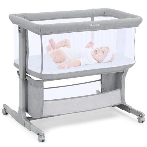 Ezebaby Bedside Bassinet for Baby, Portable Baby Bassinet Bedside Sleeper for Newborn Infants with Wheels Storage Basket, Adjustable 7 Heights and All Mesh Sides - Image 1